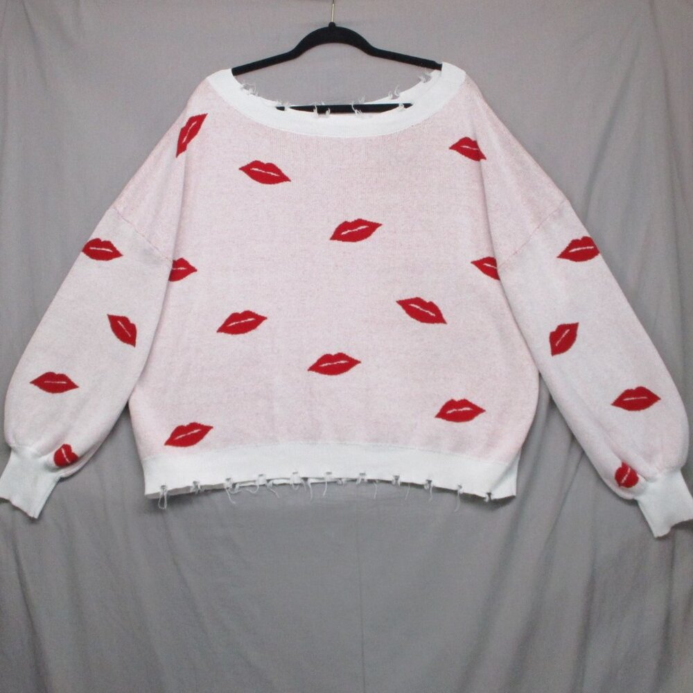 Andree By Unit Balloon Sweater Raw Hem Kiss Lips White & Red Women Size |‎ 2X